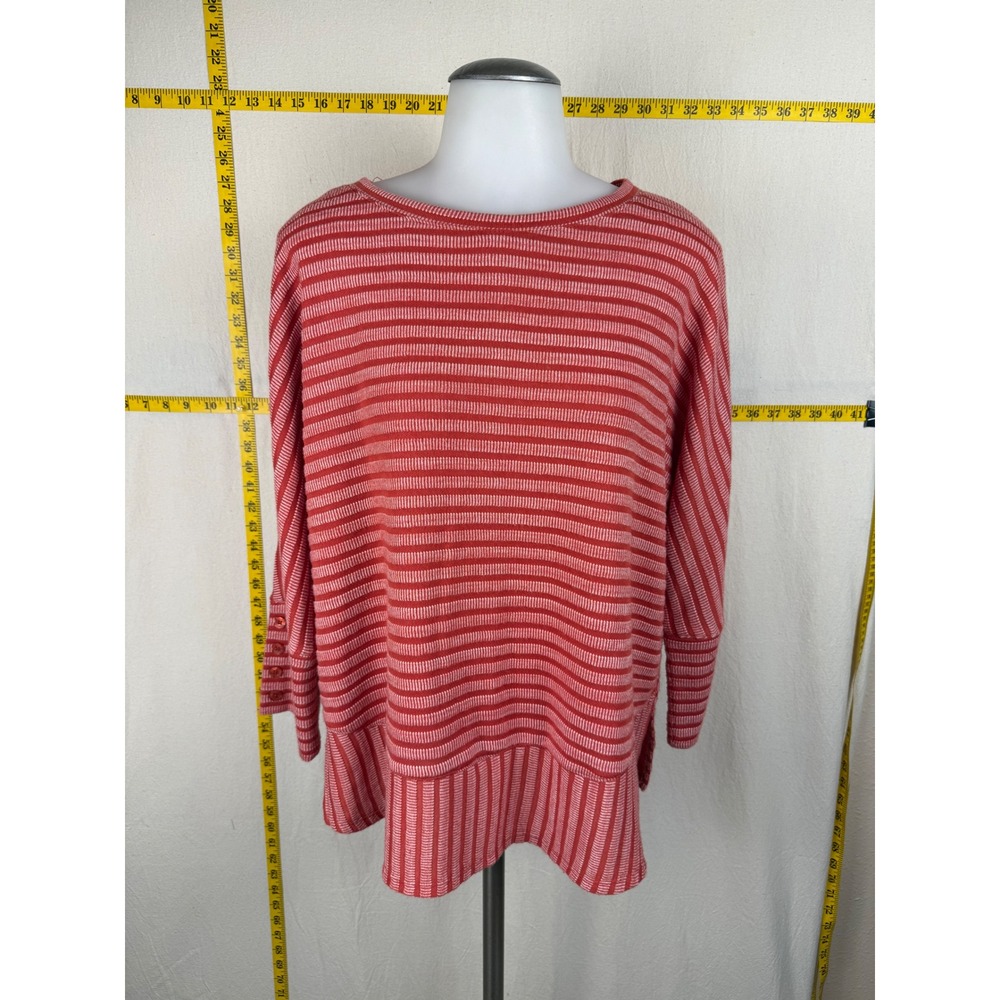 Westbound Top Women PL Red Soft Striped Chic Button Cuff 3/4 Slv Knit Pullover
